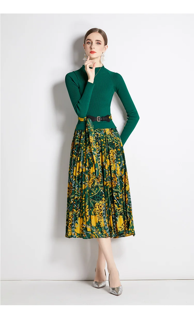 New Arrivals Women Knit Print Dress Gentle Pleat Dress Lady Floral