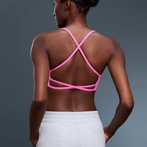 Women Cross Back Open Back Hollow Out Spaghetti Strap Yoga Crop Top Gym Fitness Workout Sexy Backless Sports Bra
