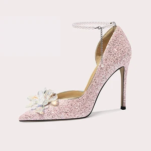 Lily Wei Pointed Toe Stiletto Heels With Pearl Ankle Strap and Crystal Embellishment Elegant Comfortable for Bridal Evening