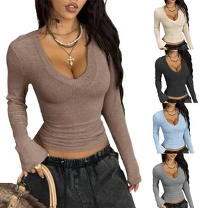 2026 New Spring Autumn Women's Clothing Y2K Slim Fashion Casual T-Shirt Stretch V-neck Long Sleeve Cute Women Blouse