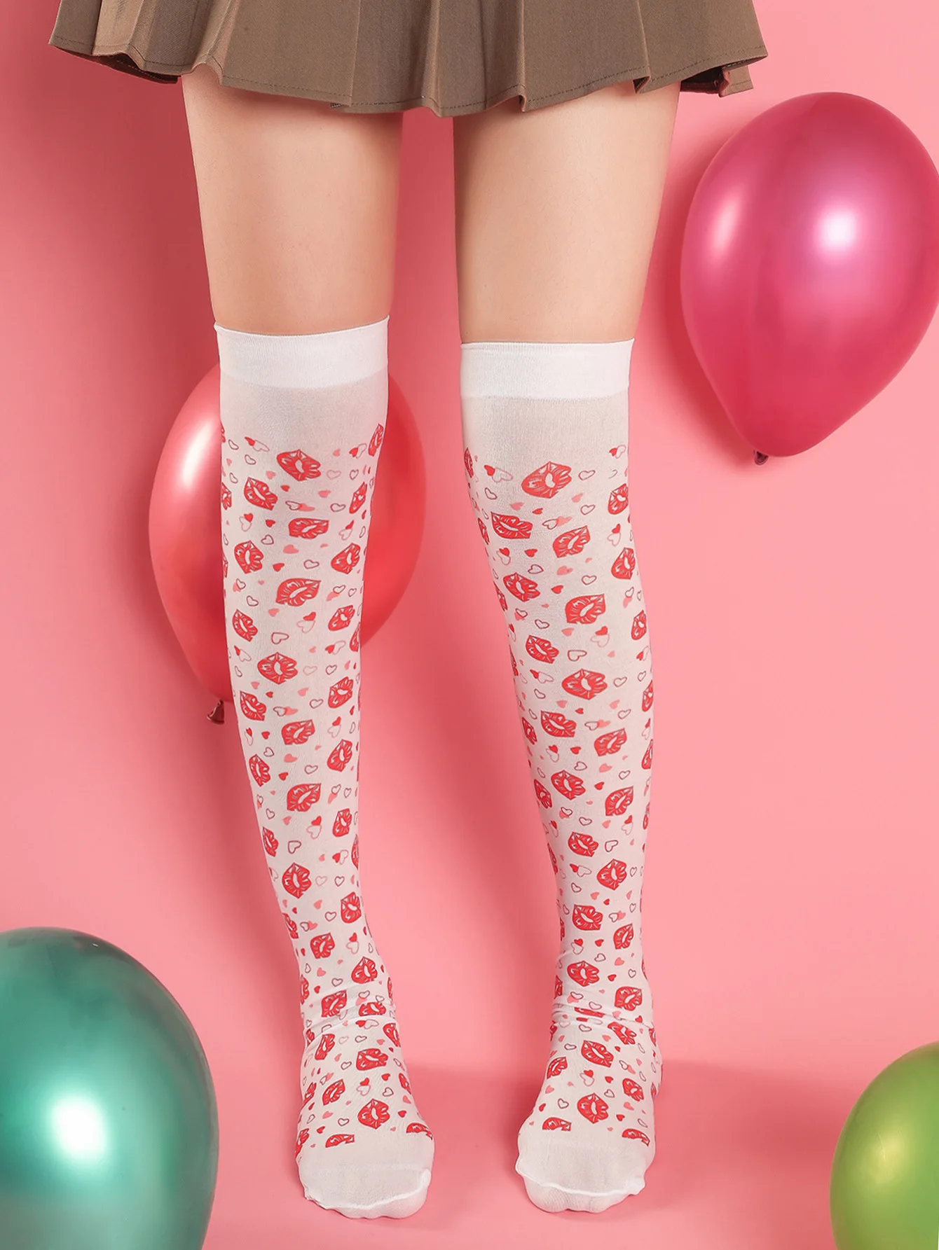 Wholesale Funny Lips Heart Print Sheer Slik Stocking Socks With Bow Valentine Thigh High Women 0167