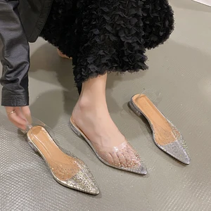 Wholesale Big Size Transparent Crystal Heel Rhinestone Flat Ladies Low Heel Sandals for Women and Ladies Bridal Wedding Shoes