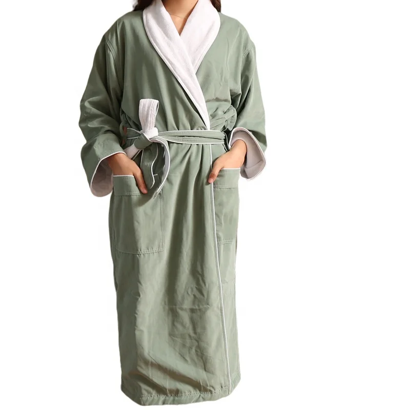 Wholesale Hotel Spa Robe Luxury Dark Blue Terry Lined Microfiber Shawl Collar 100% Cotton Bathrobe Women Men Sleepwear Adults