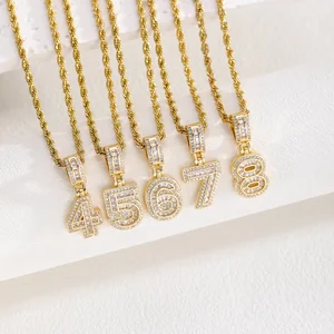 Customized 18K Gold Plated Stainless Steel Necklace with Full Diamond Number Pendant and Zircon Charm for Gift