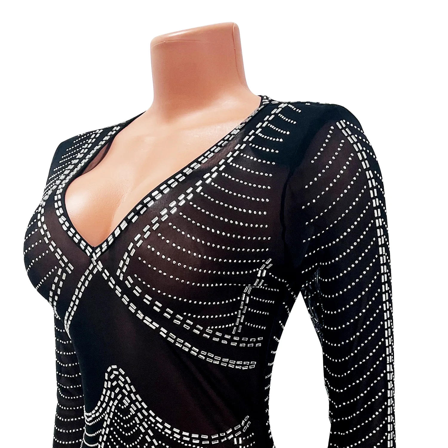 chinese dress ladies BLACK RHINESTONE MESH V-NECK MIDI DRESS – sis label