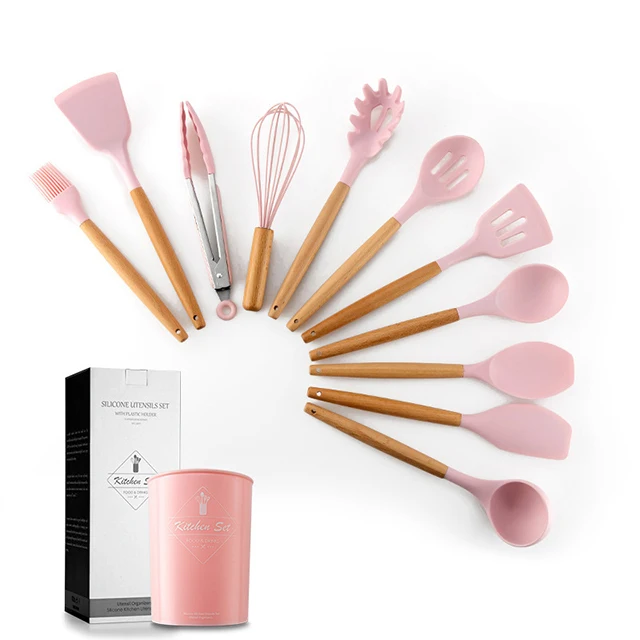 Silicone Kitchen Utensils Set - 11 Pcs BPA Free Cookware with Wooden Handle and Holder