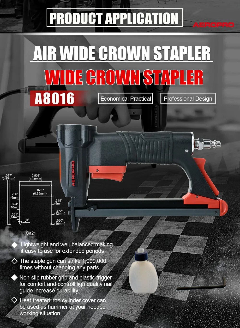 AEROPRO A8016 Pneumatic Narrow Crown Mini Stapler 6-16MM Air Stapler Gun 21 Gauge Nailer Industrial Furniture Making Tool