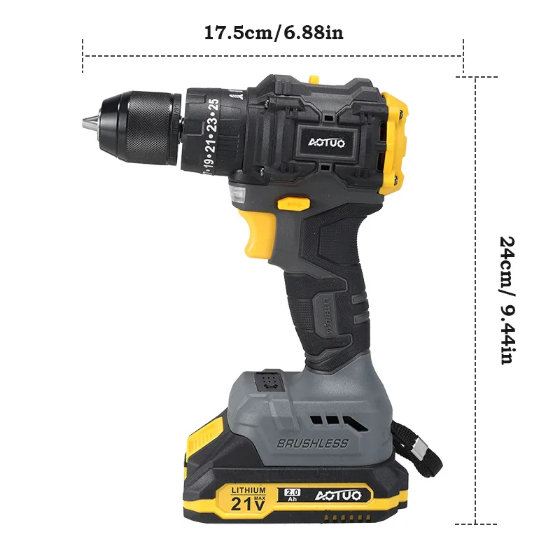 Brushless Electric Drill Impact Drill Rechargeable Lithium Battery 18-21V Two-Speed Adjustable Reversible Multi-Function