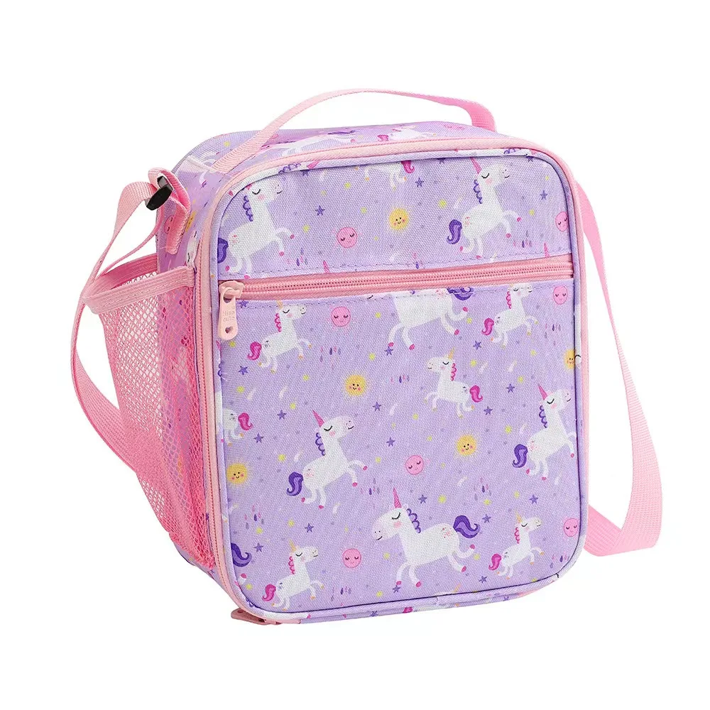 New Arrival Portable Cartoon Unicorn Kids Student Insulated Lunch Bento Bag with Side Mesh Pocket for School Picnic