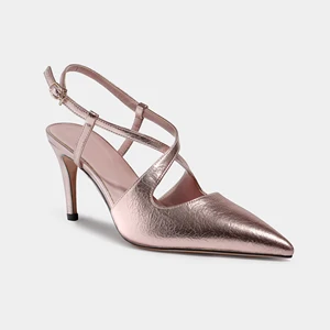 Rose Gold Metallic Leather Slingback Heeled Sandals with Crisscross Straps