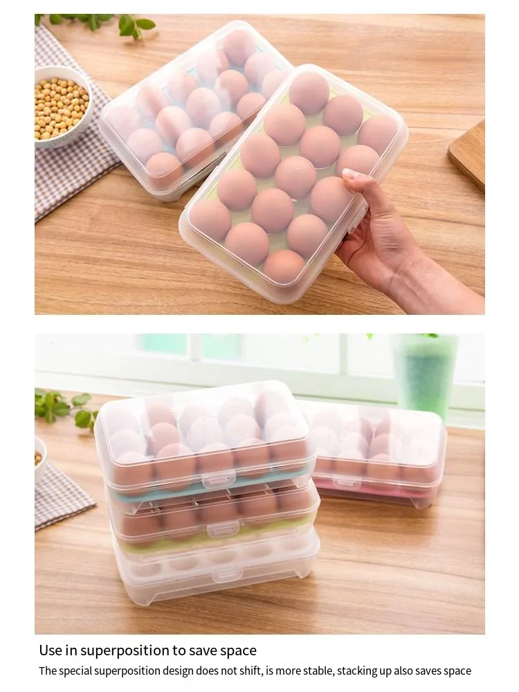 Kitchen egg carton storage box Plastic 15-panel anti-collision refrigerator crisper Frozen portable egg tray Egg holder details