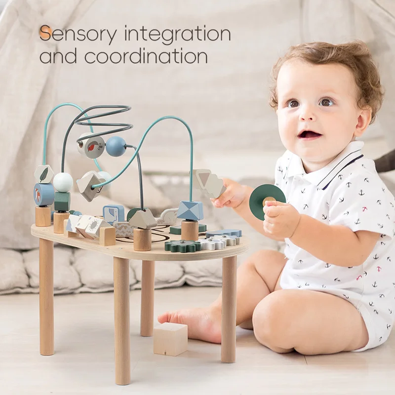 Qiaoke 7 in 1 Multifunktions Lernspiel-Brett Montessori Aktivitätszentrum Holz Spieltisch Perlenlabyrinth für kindliche Sinneswahrnehmung