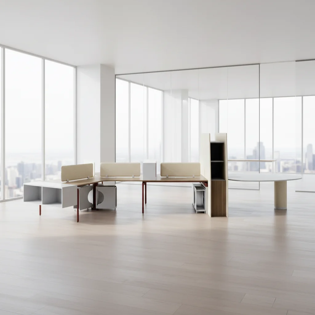 Large Scale Modern Foldable Automatic Convertible Wood Frame Open Office Desk High Cabinet Multi-functional Design Team 4