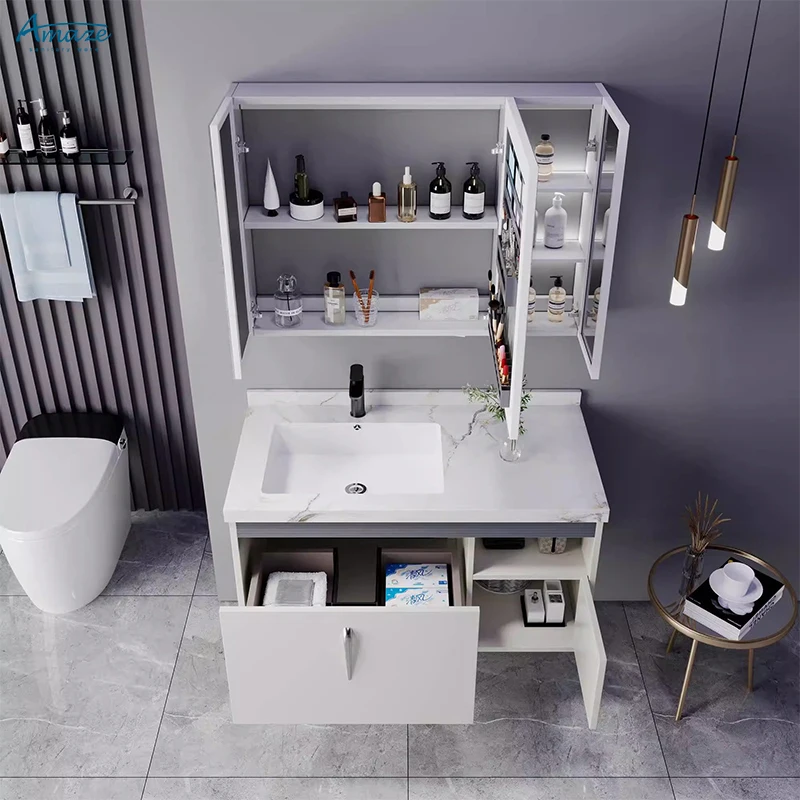 New design wall-mounted hotel bath decoration modern vanity basin bathroom cabinet mirror manufacture