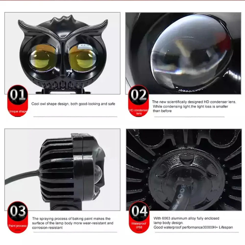Dual Color LED Headlight with Owl Design Auxiliary Spotlight Lamp Accessories for Motorcycle ATV Scooter Car Fog Light Systems