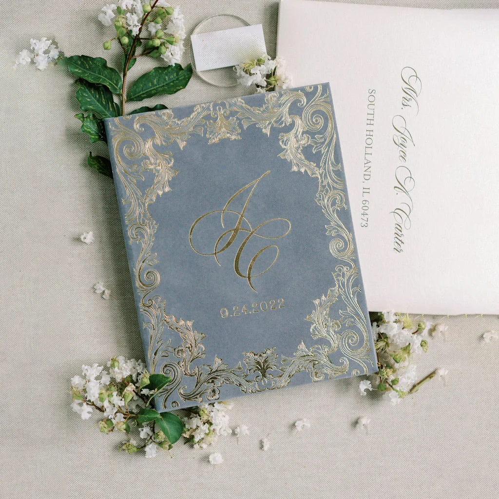 Gray Luxury Suede Invitation Mariage Card Foil Velvet Hardcover Box