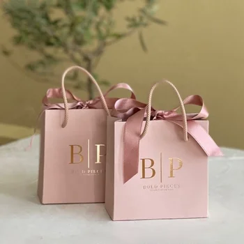 Luxury Jewelry Gift Packaging Pink Paper Bag Custom Gold Logo Kraft Craft Black Reusable Shopping Paper Bag With Ribbon Handles