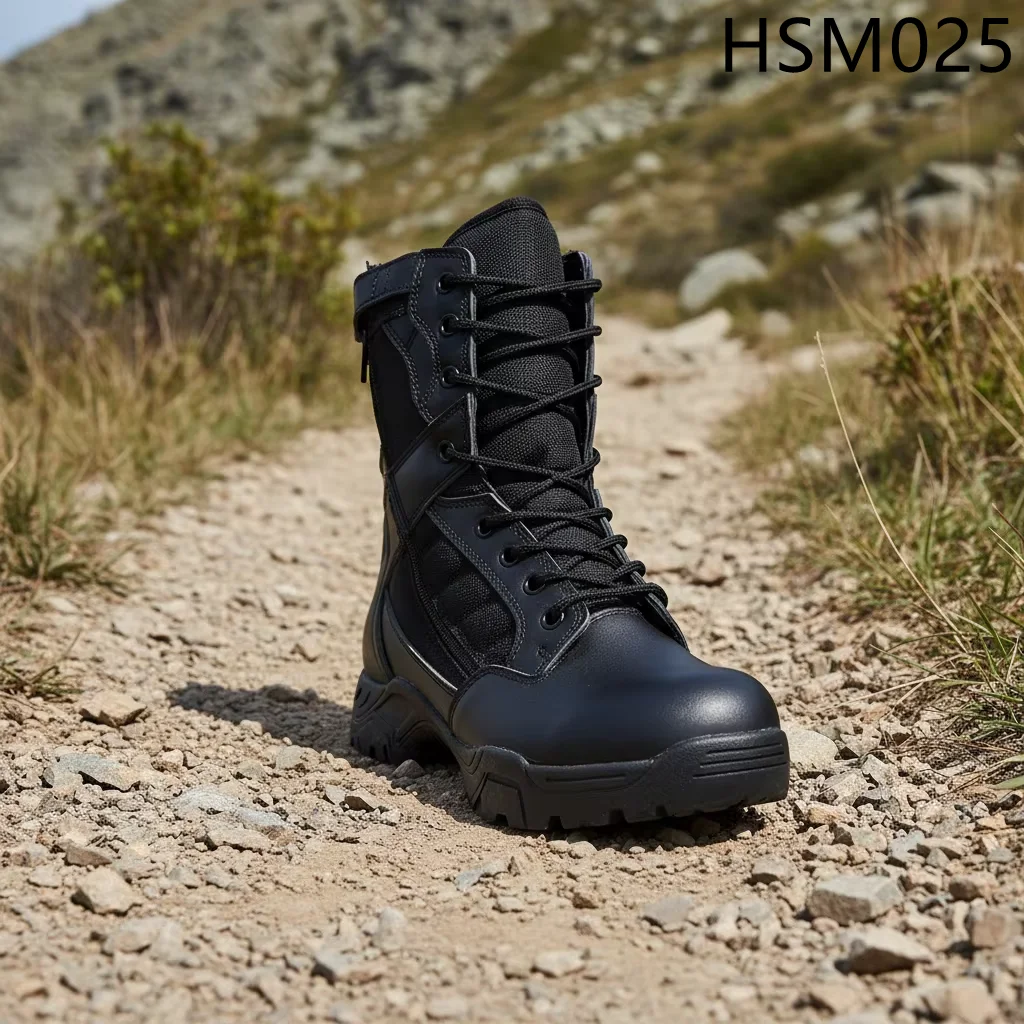 HY,Mountain Rescue Good Traction Stitching Rubber Sole Combat Boots Side Curved Zipper Design Black/tan Tactical Boots HSM025