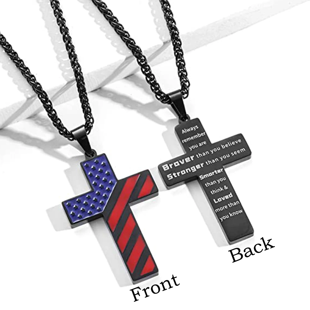 Personalized American Flag Patriotic Cross Necklace Christian Religious Bible Verse Pendant Jewelry for Men Women Memorial Gift