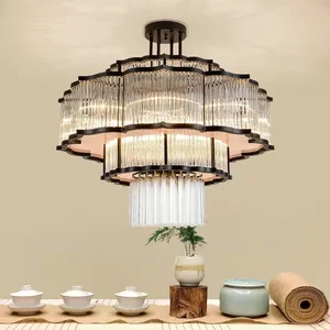 China Style Crystal Pendant Light Restaurant High Ceiling Luxury Modern Black Gold Crystal Chandelier for Living Room