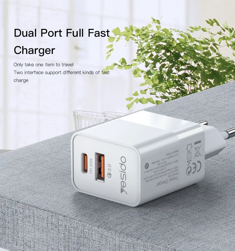 YC32 YESIDO Dual Port Multifunction Portable Wall USB and PD Type-C Max 20W Charger & Adapter