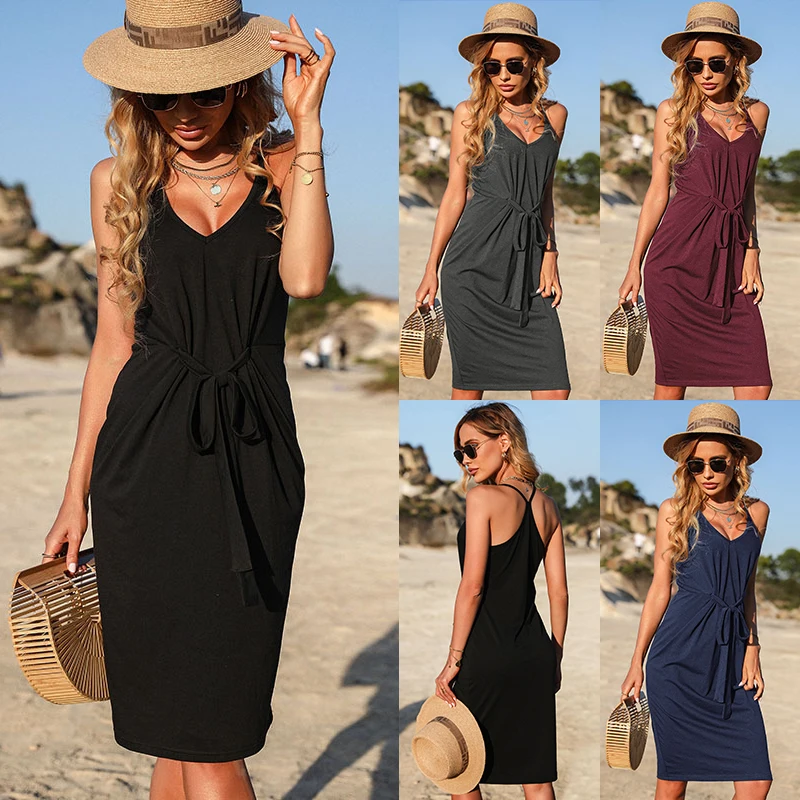 Popular Solid Color V Sleeveless Spaghetti Strap Dress Sexy Club