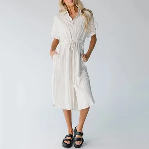 Oatmeal Linen Tie Waist Dress Classy Modest Midi Dress Daily Casual Dress
