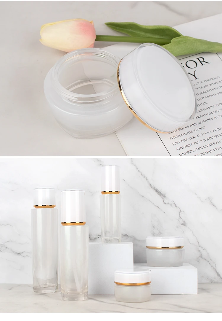 Luxury empty skincare cream jar set packaging 120ml 100ml 40ml glass cosmetic pump spray bottle details