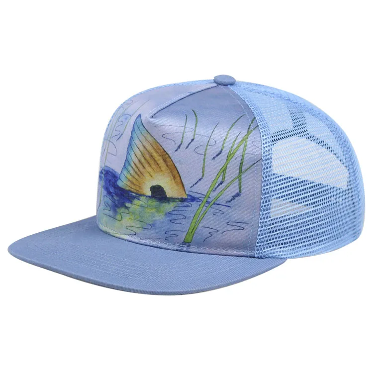 Custom 5-Panel Flat Bill Mesh Trucker Hats with 3D Embroidery Sublimation Printed for Sports and Outdoor Activities