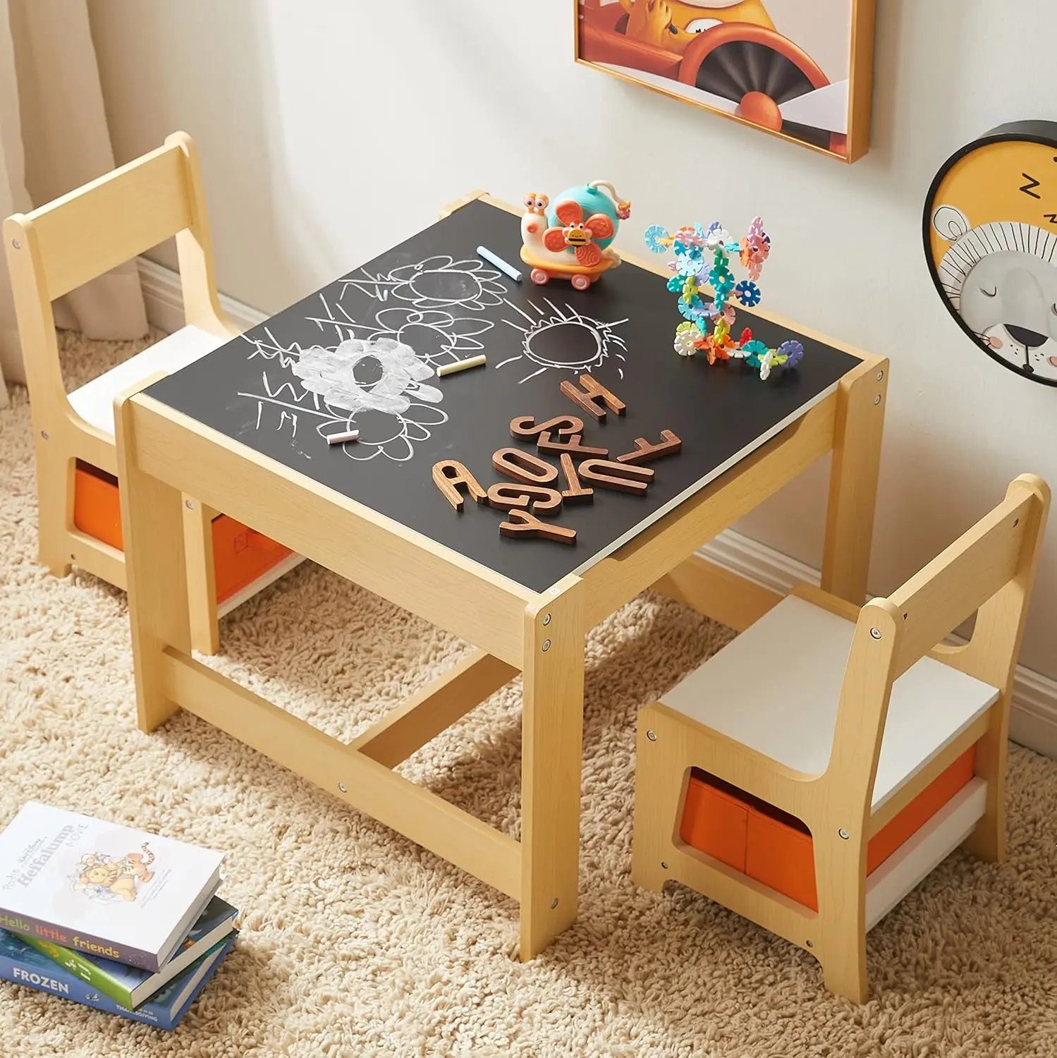 Detachable Sensory Table and Chair Set for Children, 3 in 1 Wooden Toddlers Drawing Table with Storage Drawers