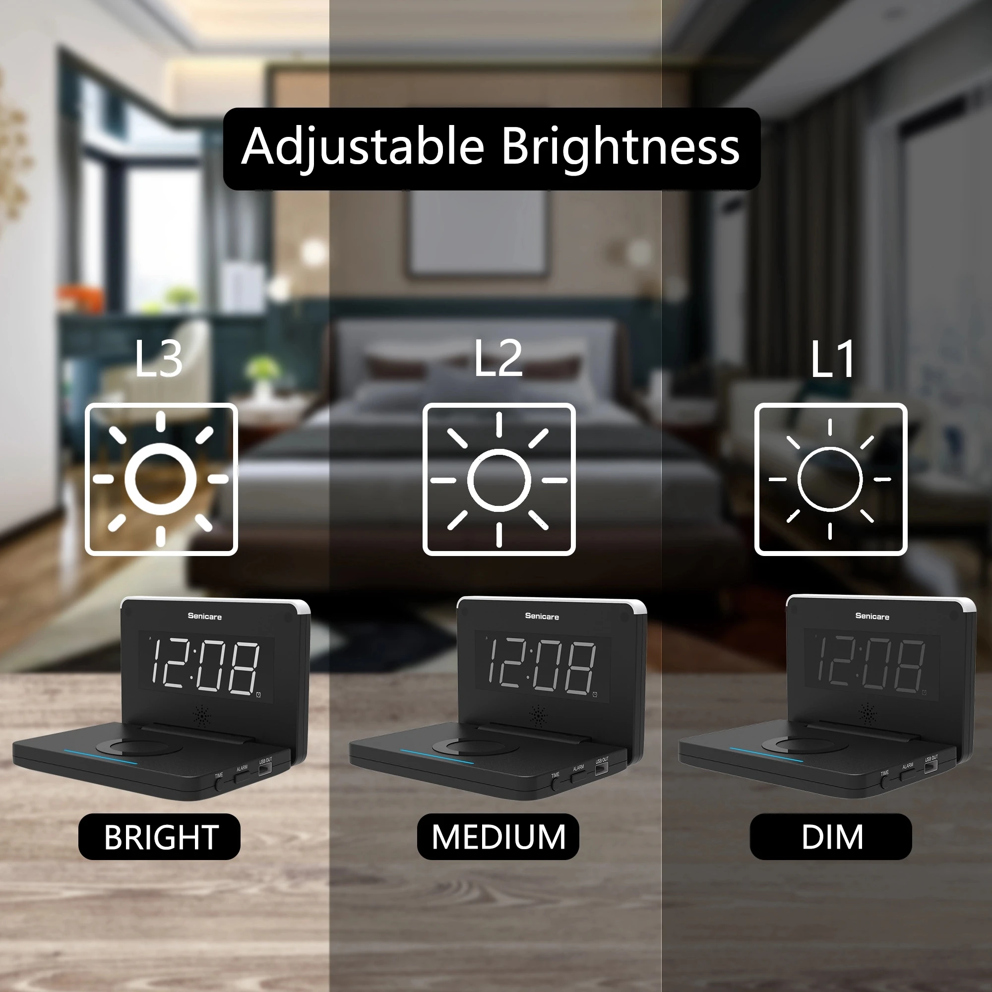 Room Bedside Alarm Clock High Quality Digital Alarm Clock With 10w Wireless Charging