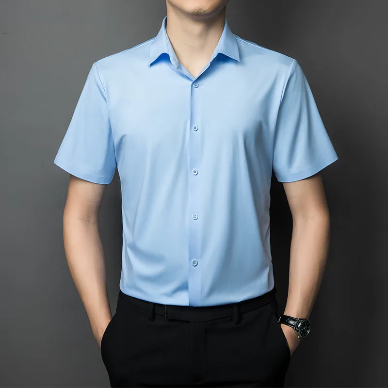 Custom high quality Short Sleeve high elastic Men Button Up Shirt Silk Shirts For Men Custom