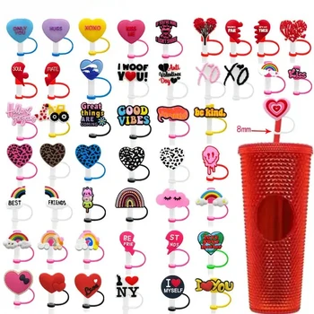 2023 Hot 8mm Custom Wholesale Silicone Reusable Cute Rainbow Straw Topper Charms For Tumblers Valentine Day Gift Straw Topper