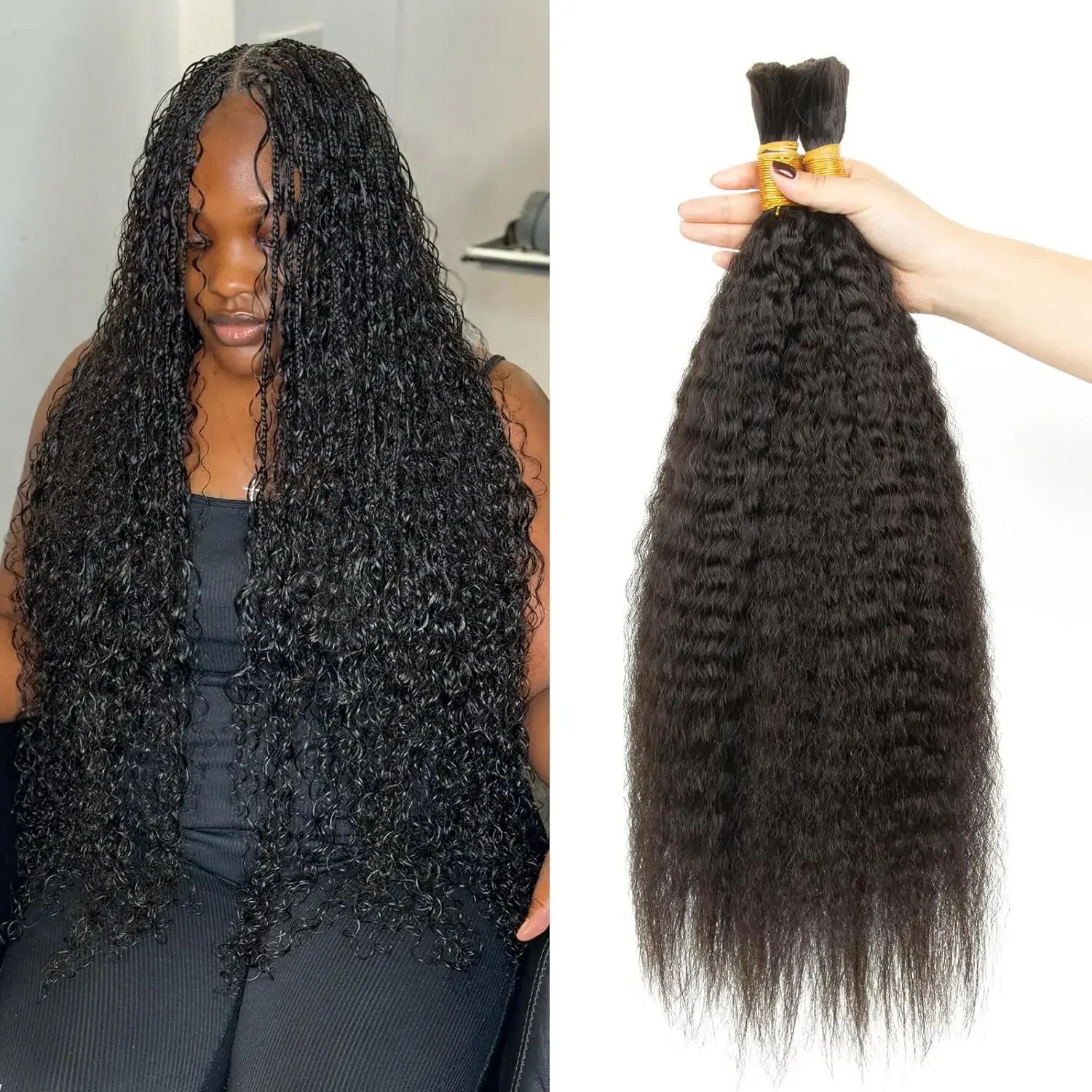 Kinky Straight Hair Bulk Brazilian Remy Human Hair Bulk For Braiding No Weft Crochet Braid Weft Hair Bulk Natural Black Color 1B_voghion.com