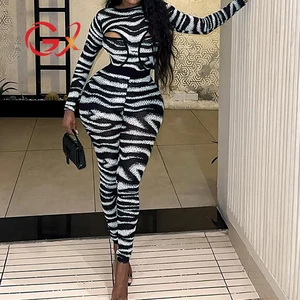 GX25306 Fashion Women Clothing Vendor Sexy See Through Nigh Club Wear Long Sleeve Printed Bodysuit and Jogger Pant 2 Piece Set