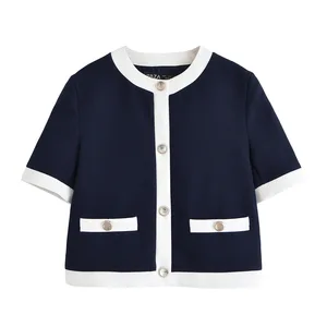 Wholesale Women's Summer Casual Contrast Color Slim Fit Short Sleeve Top Womens Clothing