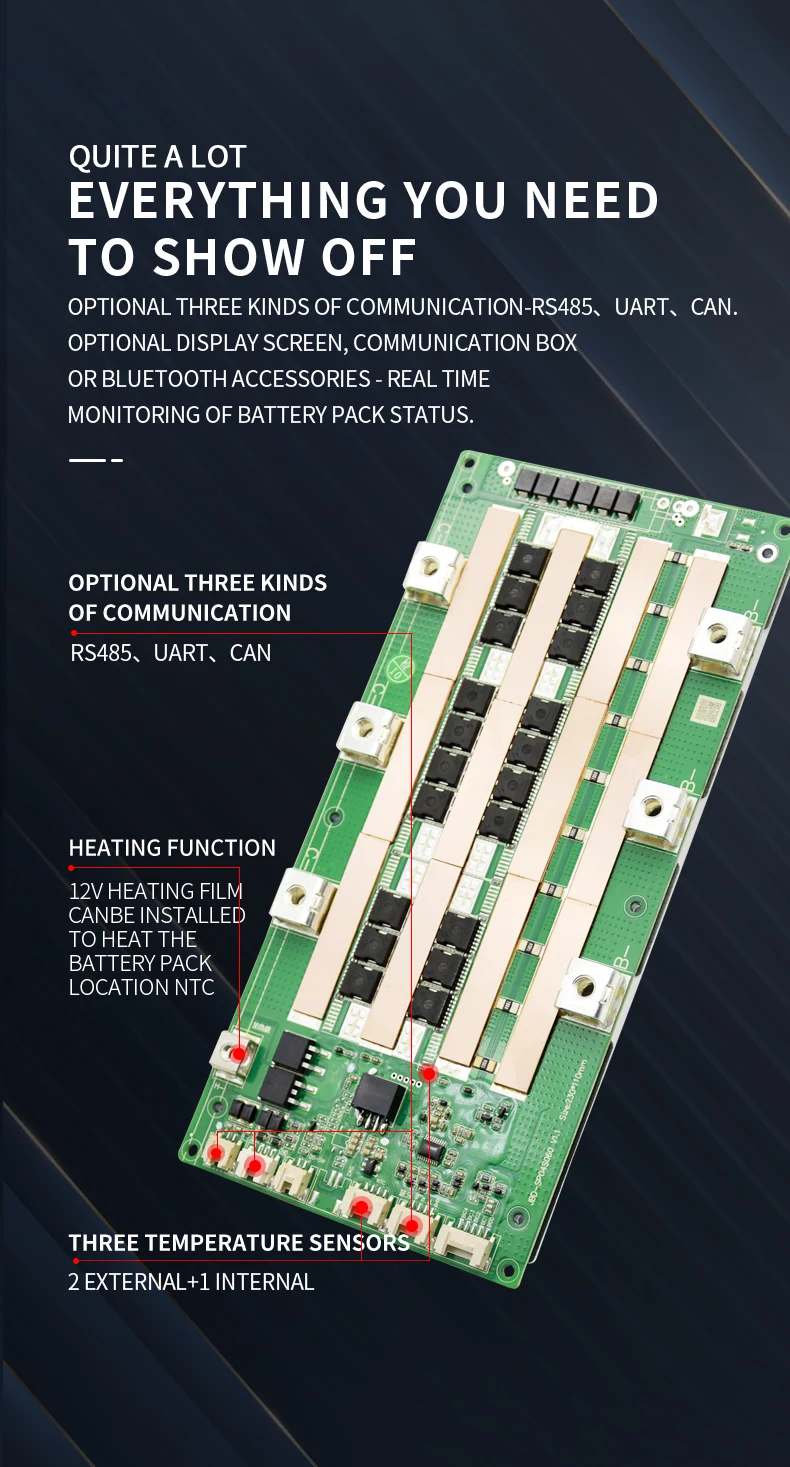JiaBaiDa High Current 250A 300A LiFePO4 Smart BMS 3S 4S 12V NMC with UART 485 Heating CAN High Power BMS