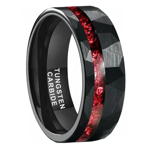 Coolstyle Jewelry 8mm Engagement Wedding Band for Men Women Purple Glasses Chip Inlay Black Hammered Tungsten Carbide Ring