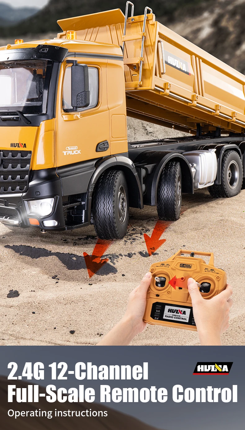 HUINA 1536 RC Car 8-Wheels Heavy-Duty Vehicle 1/14 Large Dump Truck Alloy Engineering Truck Cargo Remote Control Toys Model