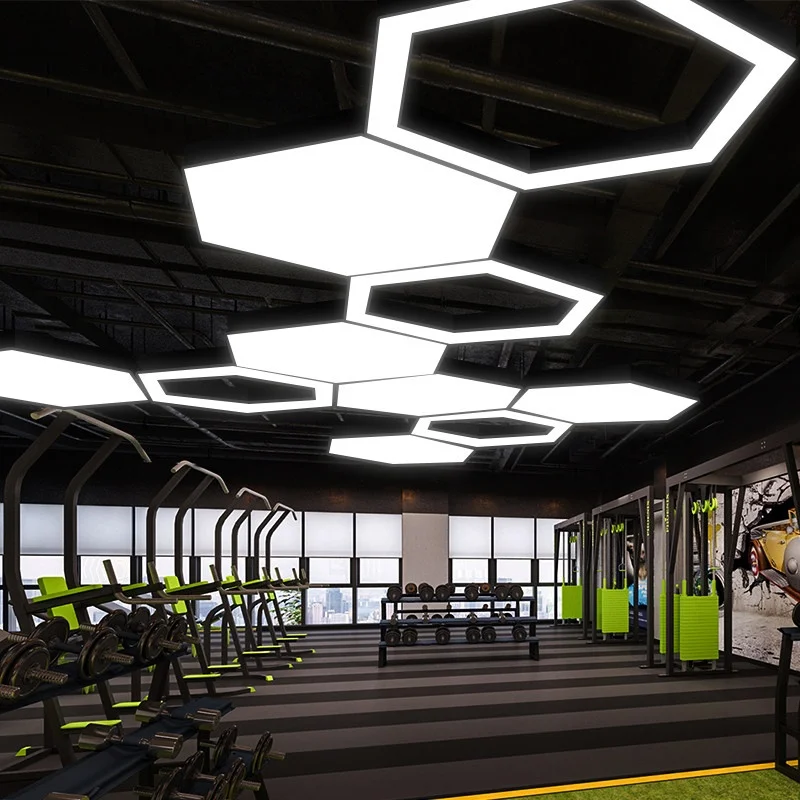 Sechseckige Waben-Pendelleuchte aus Eisen und PMMA, LED-Leuchte im Industriestil für kommerzielle Fitnessstudios, Einkaufszentren und Supermärkte