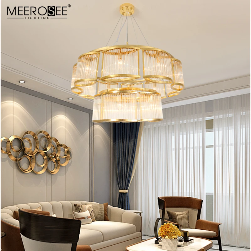 MEEROSEE 2021 round indoor luxury pendant light gold iron hanging lights home modern crystal chandelier MD86711