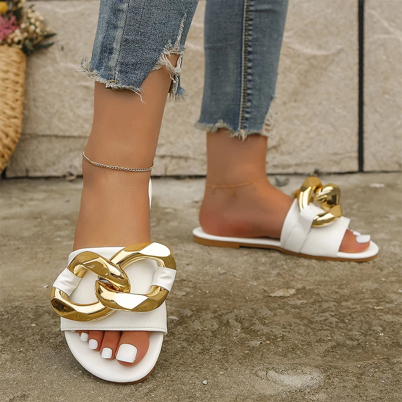 2023 New Shoes Women Slippers Metal Golden Chain Buckle Flat Outdoor ...