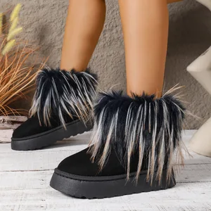 QuiteS 2026 Winter New Large Size Fleece-Lined Thick-Soled Slip-On Furry Cotton Ankle Bootie Warm Solid Snow Boots for Women