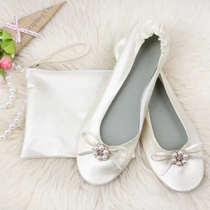 Custom Women Foldable Pearled Flat Cheap Wedding Party and Event Gift for Girls Travel and Driver Shoes with Carry Bag