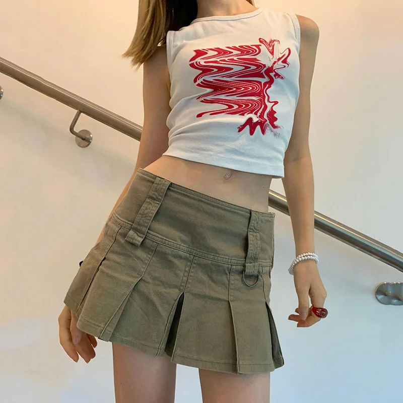Khaki Low Waist Cute Y2k Pleated Skirt Kawaii Short Skirts Womens 2000s ...
