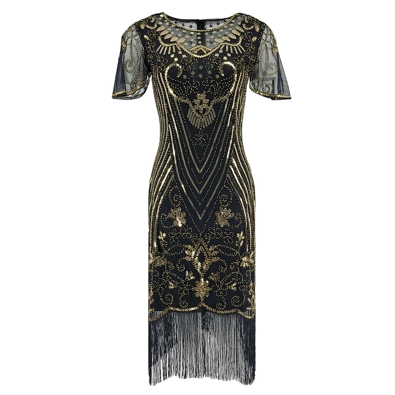 blue dress for baby girl BABEYOND 1920s Flapper Dress, Long Fringed Sequins Gatsby Dress, Charleston Dance Dress, Black/Gold, Size Size S