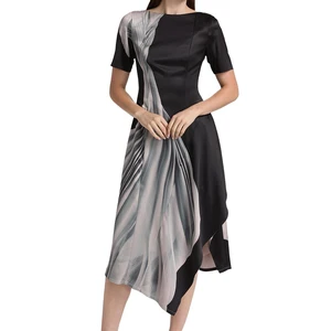 Wisrise Fashion Custom High Quality Women's Black & Gray Abstract Print Short Sleeve Midi Dress Formal Gathering