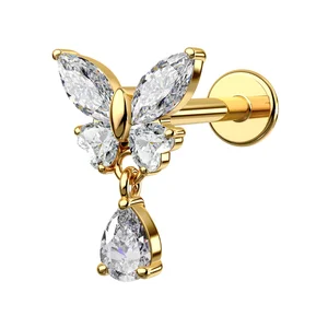 Flat Back Earring Butterfly Helix Stud Ear Stud Rings Stainless Steel Labret Piercing Lip Stud Ring Fashion Body Jewelry