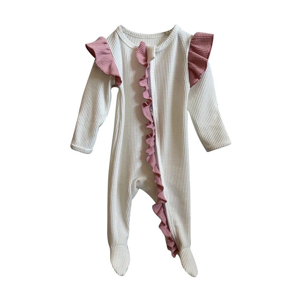 Baby Girls Waffle Knit Ruffled Footie With Bow Snug Fit Baby Ruffled ...