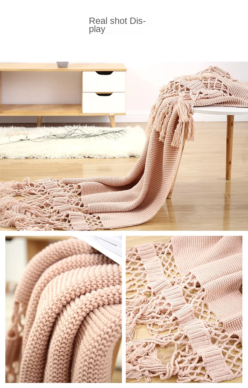 Tassel Hollow-Out Bed Flag Runner Fluffy Weighted Chunky Knit Throw Blanket Home Decorative Sofa Cover Blankets Qy details